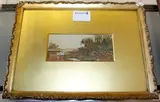 A figure before a cottage in winter; A river landscape with bridge; and Geese in a farmyard, a group of three by John Gutteridge Sykes, two signed with initials 'L.G.S.' (lower right), watercolour, sold Mar 2012
