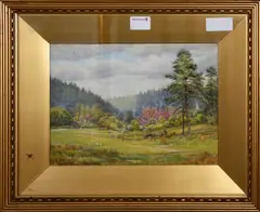 Houses amidst forested landscapes, by Frank Walton, sold Mar 2012