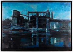 Blue power station at Brentford by Tom Keating, 1964, oil on canvas, sold Feb 2012