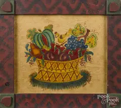 still life theorem of a bird perched on a fruit basket by Terry J. Graham, oil on velvet, offered Mar 2016