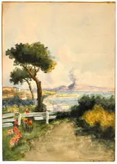 Untitled by E. McConnell, Watercolor Landscape with Volcano, sold Sep 2025