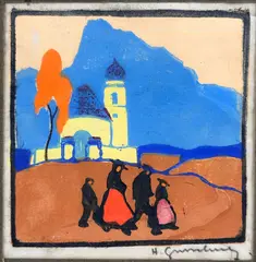 The Chapel, Figures and Church by Herbert Gurschner, Color Woodblock on Paper, sold Jul 2026