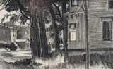 Street in Mahone Bay by Harry Leith-Ross, Conte Crayon, sold Sep 2021