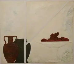 Zodiac Series #5: Leo by George Anthonisen, Plaster fresco "Zodiac Series #5: Leo" SDLR and en verso Still life with Grecian pottery and fruit 28"H x 24"H, offered Dec 2018