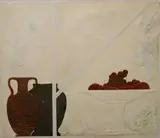 Zodiac Series #5: Leo by George Anthonisen, Plaster fresco "Zodiac Series #5: Leo" SDLR and en verso Still life with Grecian pottery and fruit 28"H x 24"H, offered Dec 2018