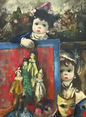 Untitled (Puppet Show) by Jean Calogero, oil on canvas, sold Jan 2023