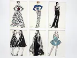 54 Jesper Nyeboe Illustrations for Geoffrey Beene by Jesper Nyeboe, 1987, mixed media (watercolor, color pencil, charcoal pencil on textured card stock paper), sold Feb 2023