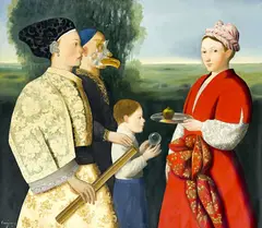 Untitled (Four Figures) by Benjamín Domínguez, oil on canvas (unstretched), sold Feb 2023