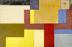 Morning News by Mary Obering, 1982, mixed media (gold leaf, tempera, gesso) on board, sold Feb 2023