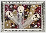 Untitled (Three Skulls) by Rodolfo Morales, mixed media collage (paper and fabric), sold Feb 2023