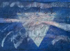 Untitled (Blue Composition) by Susana Sierra, 1982, mixed media (sand, fabric, pastel) on paper, sold Feb 2023