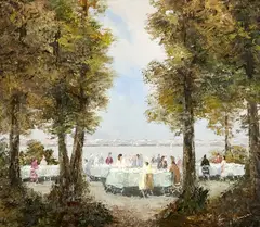Untitled (Banquet Scene) by Herbert August Uerpmann, oil on canvas (unstretched), sold Mar 2023