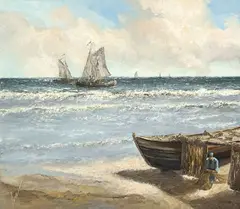Untitled (Beached Boat) by Herbert August Uerpmann, oil on canvas (unstretched), sold Mar 2023
