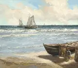 Untitled (Beached Boat) by Herbert August Uerpmann, oil on canvas (unstretched), sold Mar 2023