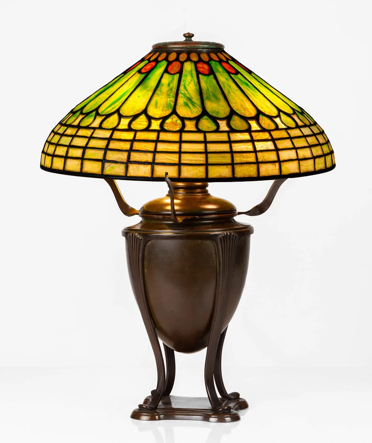 Feather Lamp by Tiffany Studios, circa 1910, Leaded glass and patinated bronze, sold Sep 2026