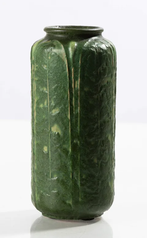 Pottery Tooled Variegated Matte Green Glazed Earthenware Vase by Grueby, sold Sep 2026