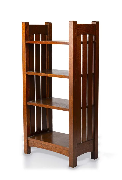 A Slat-Sided Magazine Pedestal, Model No. 46 by L. & J.G. Stickley, Quarter-sawn white oak, sold Sep 2026