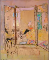 Scène d’intérieur by Pierre Le Sueur, 1996, Gouache et crayons gras sur panneau, sold Oct 2022