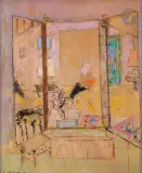 Scène d’intérieur by Pierre Le Sueur, 1996, Gouache et crayons gras sur panneau, sold Oct 2022