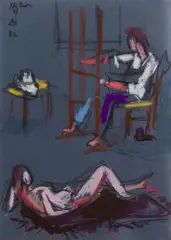 Le Peintre et son modèle by Jean Hélion, 1982, Pastel gras sur papier bleu, sold Oct 2022