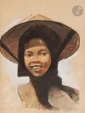 Portrait de jeune fille vietnamienne coiffée d’un chapeau traditionnel nón by Louis Rollet, Aquarelle et fusain sur papier, sold Oct 2022
