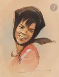 Portrait de jeune fille coiffée d’un foulard noir by Louis Rollet, Gouache et aquarelle sur papier, sold Oct 2022