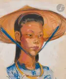 Portrait de jeune fille vietnamienne portant un chapeau traditionnel nón by Louis Rollet, Gouache et aquarelle sur papier, sold Oct 2022