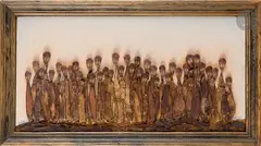 Les Marcheurs de la faim by Philippe Dereux, 1978, Collage d’épluchures et écailles de pommes de pin sur panneau peint, sold Oct 2022