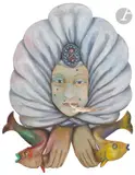 Le Dénouement, vers 1988/94 by Jean-Claude Silbermann, Huile et gouache sur panneau découpé, plume et épluchures de crayons, sold Oct 2022