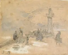 Sur la jetée by Eugène Boudin, Crayon et rehauts d'encre sépia, sold May 2009