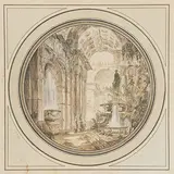 Villageois dans des ruines antiques, près d'une fontaine avec un déversoir, surmontée d'une statue by Jacques Henry Alexandre Pernet, Crayon noir, lavis de brun et aquarelle de forme ronde, sold Mar 2009