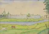 Paysage au couvent by Mstislav Dobuzhinsky, 1921, Aquarelle sur trait de crayon noir, gouache, sold May 2022