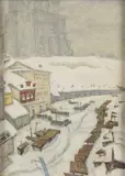 Pskov, le marché aux poissons by Mstislav Dobuzhinsky, 1922, Aquarelle sur trait de crayon noir, gouache, sold May 2022