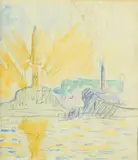 Gènes, la Lanterna au lever du soleil by Paul Signac, 1904, Aquarelle sur traits de crayon, traces du cachet de la si­gnature en bas à droite et diver, sold Dec 2019