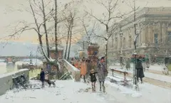 Paris, Les quais au Louvre, temps de neige by Eugène Galien-Laloue, Gouache, sold Dec 2019