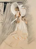 Fillette au chapeau devant une fenêtre, « Fermez les rideaux by Paul César Helleu, Fusain, sanguine et rehauts de gouache blanche sur papier, sold Jun 2011