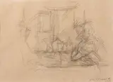 Femme accoudée et personnage lisant à Maloja by Alberto Giacometti, 1959, Crayon, retravaillé à la gomme, sur papier, sold Jun 2011