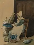 La fileuse by Henry Monnier, 1837, Aquarelle, rehaussée de gouache, sold Apr 2019