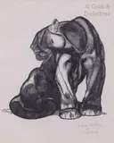 Jaguar noir assis by Paul Jouve, Lithographie originale, tirage au noir, sold Mar 2019