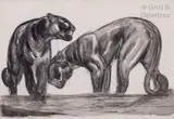 Panthères noires dans un marigot by Paul Jouve, Encre de Chine, crayon et lavis d’encre sur papier contrecollé sur carton, sold Mar 2019