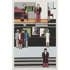 Bank by Gerd Arntz, 1927, color screenprint, sold Jun 2025