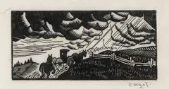 Le Maquillon / The Horse Trader by Edwin Holgate, black and white woodcut, sold Jun 2018