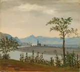 Der Rhein bei Unkel, im Hintergrund die Burgen Rolandseck und Drachenfels by Johann Carl Baehr, Öl auf Leinwand auf Pappe, sold Nov 2014