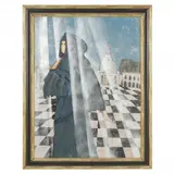 Woman in Winter Snow by Stephen White, Oil and metallic paint on panel, sold May 2022