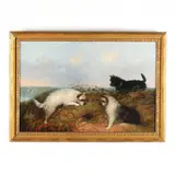 Three Terriers Rabbiting by J Langlois, Oil on canvas (lined), sold May 2022