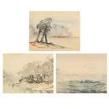 Three Low Country Landscapes by Gilbert Maggioni, Watercolor and graphite on paper, sold May 2022