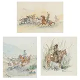 Three Western Themed Watercolors by James Louis Lundean, Watercolor and ink on paper, sold Apr 2022