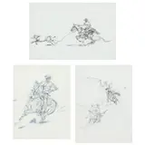 Three Western Themed Drawings by James Louis Lundean, Graphite and ink on paper, sold Apr 2022