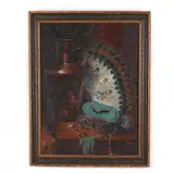 Still Life with Fan and Sewing Accoutrements by C. Brady, Oil on canvas, sold Apr 2022