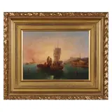 Harbour Scene at Sunrise by G. Delpino, Oil on canvas laid on board, sold Apr 2022